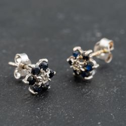 Second Hand 9ct White Gold Sapphire & Diamond Cluster 7.9mm Stud Earrings 41173631