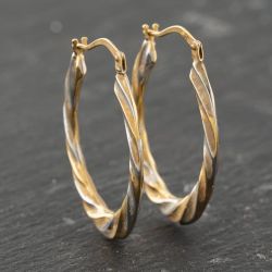 Second Hand 9ct Two Colour Gold 30mm Patterned Creole Earrings 41173892