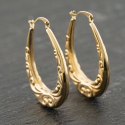 Second Hand Yellow Gold 28mm Oval Patterned Creole Earrings 41173923