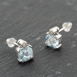 Second Hand 18ct White Gold Aquamarine & 0.06ct Diamond Cushion Shaped 8mm Stud Earrings 41174001