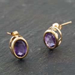 Second Hand Yellow Gold 8mm Amethyst Oval Stud Earrings 41174004