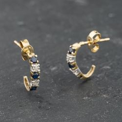 Second Hand 9ct Two Colour Gold Sapphire & Diamond Hook Shaped 13mm Dropper Earrings 41174030