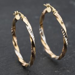 Second Hand 9ct Two Colour Gold 31mm Patterned Twist Hoop Earrings 41174035