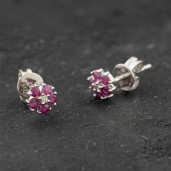 Second Hand White Gold Ruby & 0.02ct Diamond Cluster 5mm Stud Earrings 41174096
