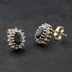 Second Hand 9ct Yellow Gold Sapphire & 0.28ct Diamond Oval 11mm Stud Earrings 41174135