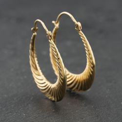 Second Hand 9ct Yellow Gold Oval Ribbed Pattern Creole Earrings 41174195