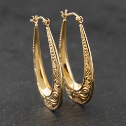 Second Hand 9ct Yellow Gold 35mm Ornate Patterned Creole Earrings 41174279