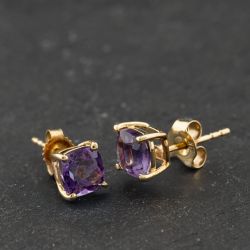 Second Hand 9ct Yellow Gold 6mm Amethyst Cushion Shaped Stud Earrings 41174286