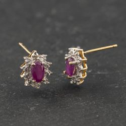Second Hand 9ct Two Colour Gold Ruby & Diamond Oval Cluster 9mm Stud Earrings 41174294