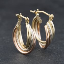 Second Hand 9ct Three Colour Gold 22mm Three Strand Twisted Creole Earrings 41174313