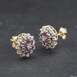 Second Hand 9ct Two Colour Gold Ruby & Diamond Three Tier Flower Cluster 11mm Stud Earrings 41174320