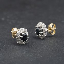 Second Hand Vintage Two Colour Gold Sapphire & Diamond Halo Cluster 10mm Stud Earrings 41174322