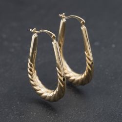 Second Hand 9ct Yellow Gold 28mm Ridge Patterned Creole Earrings 41174328