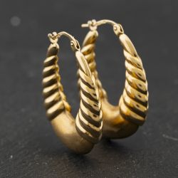 Second Hand 9ct Yellow Gold Patterned 30mm Creole Earrings 41174354