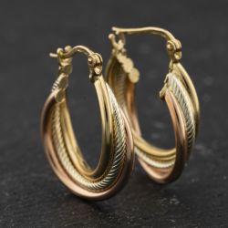 Second Hand 9ct Three Colour Gold Three Strand Twist 22mm Creole Earrings 41174380