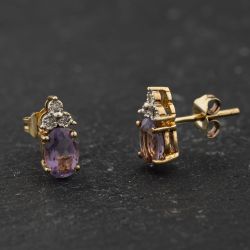 Second Hand Yellow Gold Amethyst & Diamond 9.8mm Stud Earrings 41174404