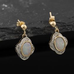Second Hand Two Colour Gold Opal & 0.08ct Diamond 17mm Dropper Earrings 41174420