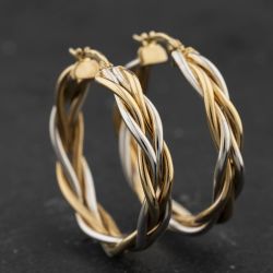 Second Hand 9ct Two Colour Gold Woven 30mm Hoop Earrings 41174432