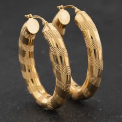 Second Hand 9ct Yellow Gold Patterned Oval 39mm Hoop Earrings 41174465