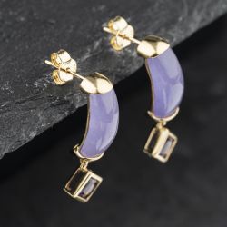 Second Hand 9ct Yellow Gold Lavender Jade & Amethyst 28mm Dropper Earrings 41174482
