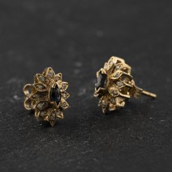 Second Hand Yellow Gold Dark Blue Topaz & 0.12ct Diamond Marquise Cluster 11mm Stud Earrings 41174612