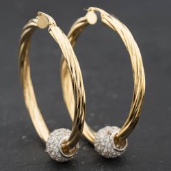 Second Hand 9ct Yellow Gold 48mm Cubic Zirconia Set Twist And Ball Hoop Earrings 41174695