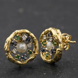 Second Hand 18ct Yellow Gold Multi Stone & Cultured Pearl 15mm Stud Earrings 41174703