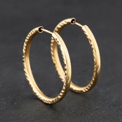 Second Hand 9ct Yellow Gold Diamond Cut Patterned Hoop Earrings 41174730