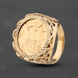 Second Hand 9ct Yellow Gold George V 1914 Half Sovereign Coin Ring 41201300BND