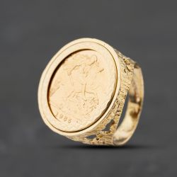 Second Hand 9ct Yellow Gold Queen Elizabeth II 1985 Half Sovereign Coin Ring 41201303BND