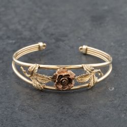 Second Hand 9ct Two Colour Gold Rose And Leaf Standard Cuff Bangle 41211332