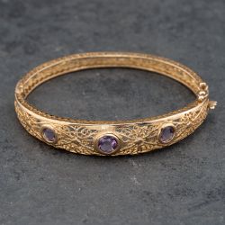 Second Hand 9ct Yellow Gold Amethyst Ornate Openwork Graduating Hinged Bangle 41211366
