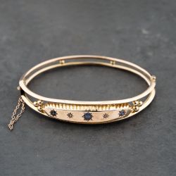 Second Hand Vintage 9ct Rose Gold Sapphire & Diamond Hinged Bangle 41211392