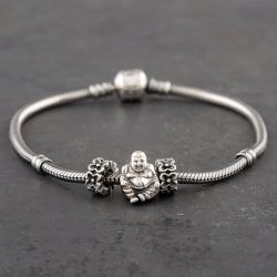 Second Hand Pandora Silver Oxidised Buddha With Flower Spacers & 21cm Charm Bracelet 41221054