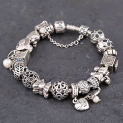 Second Hand Pandora Silver 19 Assorted Bead 19cm Snake Charm Bracelet 41221313