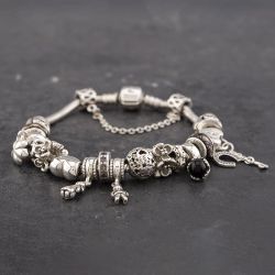 Second Hand Pandora Silver Pandora With Safety Chain And 17 Charms 7.5 Inch Charm Bracelet 41221374