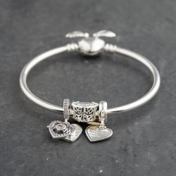 Second Hand Pandora Silver Multi Stone Pandora 3 Assorted Mom And Family Small Charm Bangle 41221397
