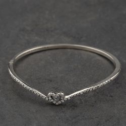 Second Hand Pandora Silver Cubic Zirconia Wishbone Heart Hinged Bangle 41221444