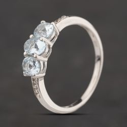 Second Hand Sterling Silver Aquamarine & White Topaz Shoulder Set Three Stone Ring 41251662