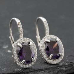 Second Hand Silver 23mm Purple & White Cubic Zirconia Cluster Dropper Earrings 412502167183
