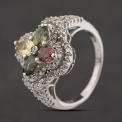 Second Hand Sterling Silver Cubic Zirconia & Tourmaline Fancy Cluster Ring 41251701