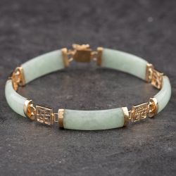 Second Hand 9ct Yellow Gold Jade Chinese Symbols 7.5 Inch Bracelet 41281139