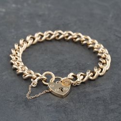 Second Hand Vintage 9ct Yellow Gold Padlock & Safety Chain 7 Inch Curb Chain Bracelet 41281560