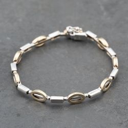 Second Hand 9ct Two Colour Gold Oval And Bar Link 7.25 Inch Chain Bracelet 41281655