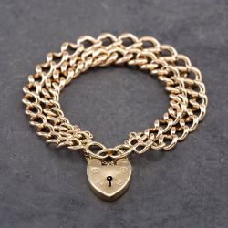 Second Hand Vintage 9ct Rose Gold Double With Padlock 7.5 Inch Curb Chain Bracelet 41281679