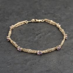 Second Hand 9ct Yellow Gold Amethyst & Filigree Rose Link 7.5 Inch Bracelet 41281789