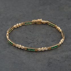 Second Hand 18ct Yellow Gold Diamond & Emerald 7 Inch Bracelet 41281792