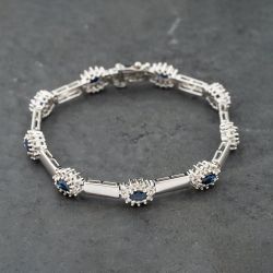 Second Hand 9ct White Gold Sapphire & 1.08ct Diamond Cluster Set Flexible Bar 7 Inch Bracelet 41281811