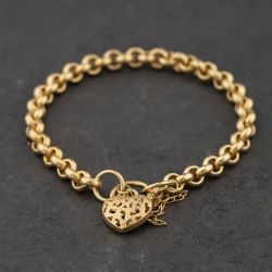 Second Hand 9ct Yellow Gold Textured Heart Padlock 7 Inch Belcher Chain Bracelet 41281845