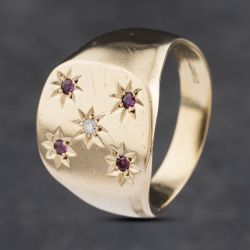 Second Hand 9ct Yellow Gold Ruby & Diamond Square Signet Ring 41341858